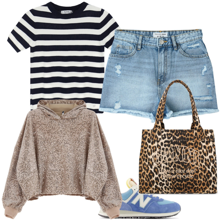 Outfit donna - Direzione seaside. Stile Casual chic per Mare. Abbinamento con shorts, sneakers, maglieria, felpe con cappuccio, shopping bag.