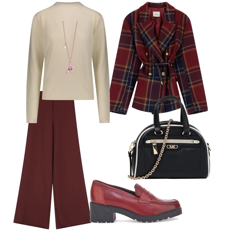Outfit donna - Blazer di fine inverno. per Ufficio. Abbinamento con borse a mano, collane, blazer, pantaloni a palazzo, mocassini, pullovers.