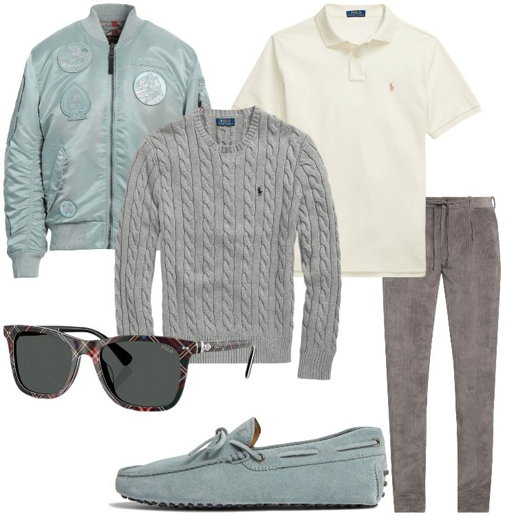 Outfit uomo - Rinascita dello stile preppy. Stile Trendy per Tutti i giorni. Abbinamento con pantaloni, giacche, scarpe stringate, polo, maglieria, occhiali da sole.