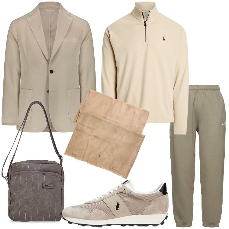 Outfit uomo - Influenza sportiva nell\'abbigliamento. Stile Trendy per Tutti i giorni. Abbinamento con sneakers, pullovers, sciarpe, giacche, portafogli, pantaloni.