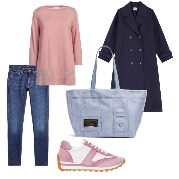 Outfit donna - Pantaloni slim per la spesa. per Tutti i giorni. Abbinamento con pullovers, trench, sneakers, jeans slim fit, shopping bag.