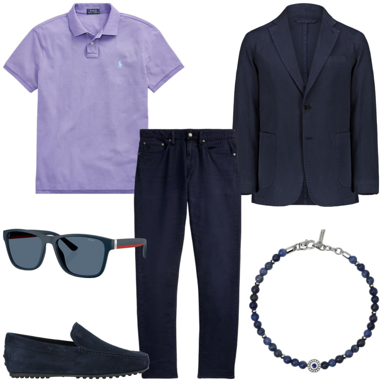 Outfit uomo - Stile preppy. Stile Trendy per Ufficio. Abbinamento con scarpe stringate, braccialetti, polo, occhiali da sole, pantaloni chino, giacche.