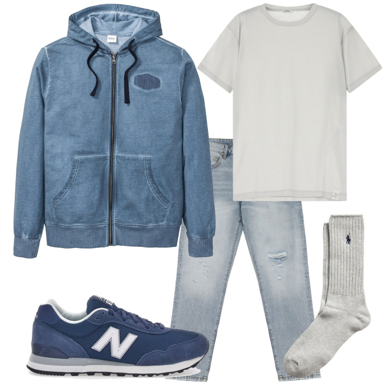 Outfit uomo - Effetto lavato. Stile Urban per Tutti i giorni. Abbinamento con felpe con cappuccio, jeans strappati, t-shirt, calzini, sneakers.