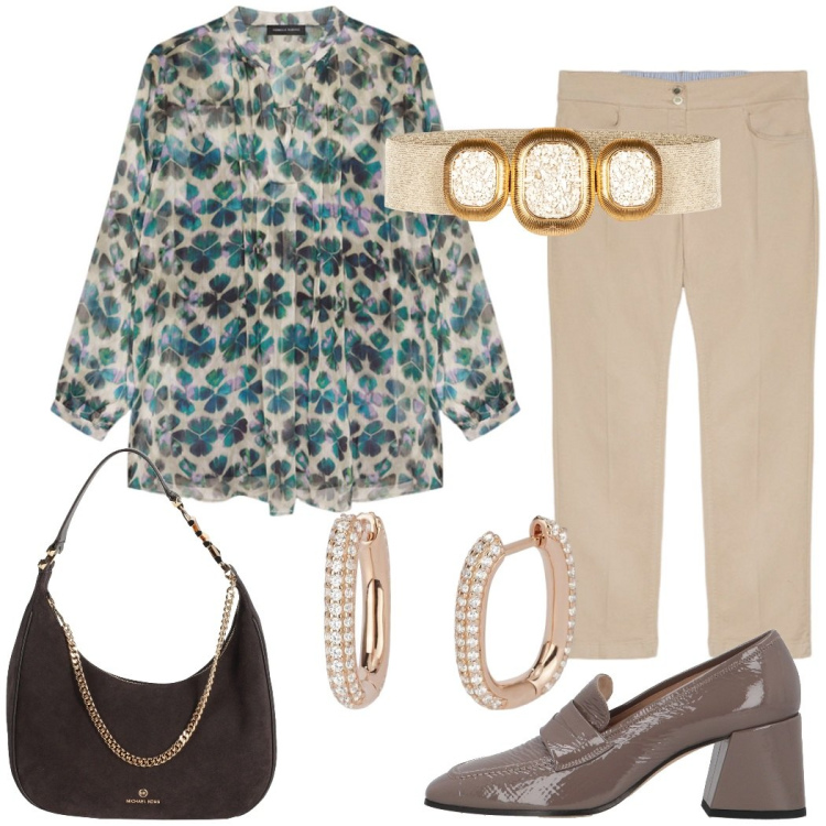 Outfit donna - La blusa fluida per l\'ufficio. Stile Casual chic per Ufficio. Abbinamento con borse a spalla, mocassini, orecchini, cinture, bluse, pantaloni.