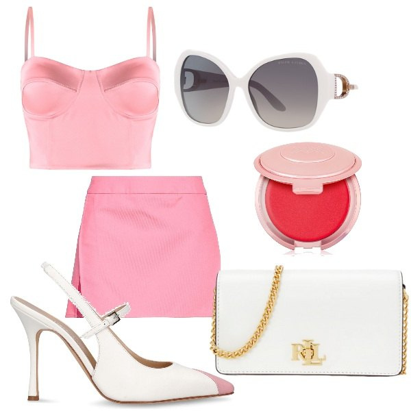 Outfit donna - aspettando la primavera. Stile Casual chic per Tutti i giorni. Abbinamento con minigonne, blush, canottiere, occhiali da sole, borse a mano, décolleté.