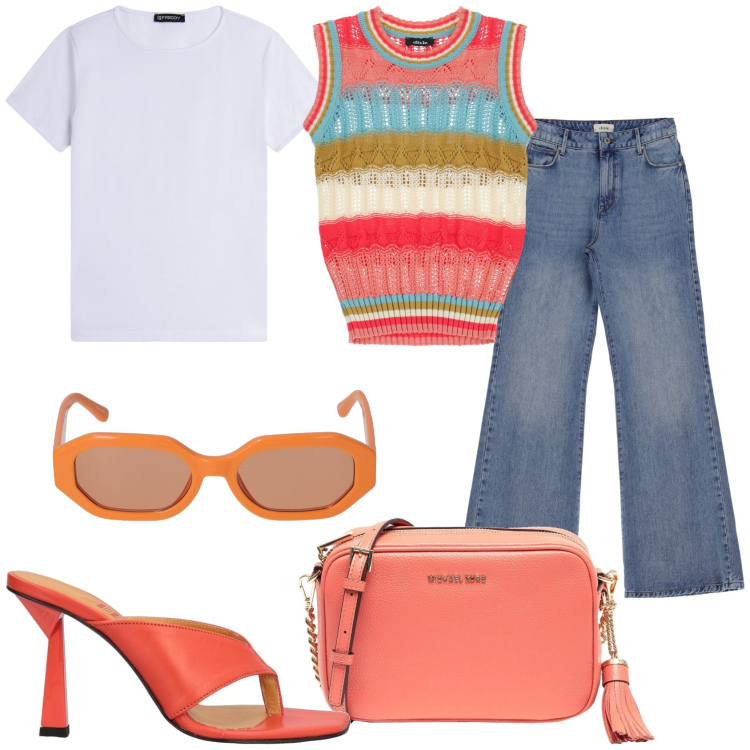 Outfit donna - Tempo per me. Stile Trendy per Tutti i giorni. Abbinamento con ciabatte, borse a tracolla, t-shirt, maglieria, jeans, occhiali da sole.