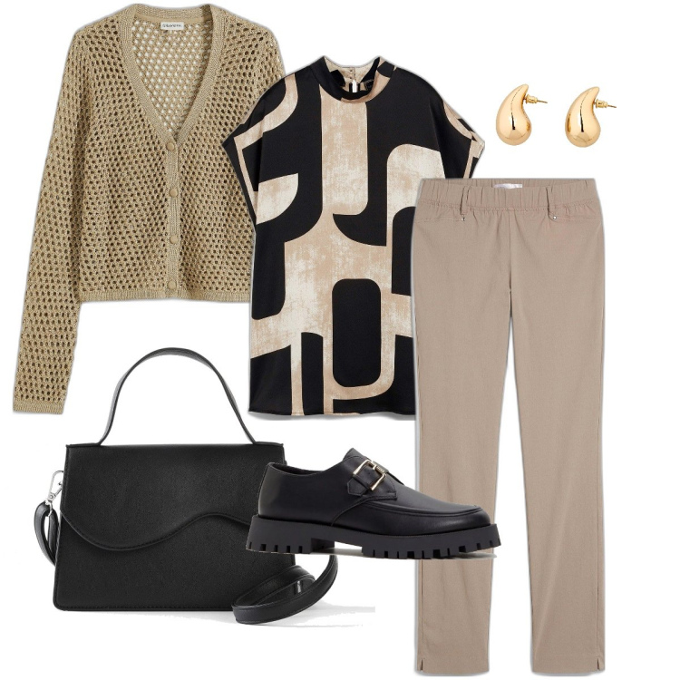 Outfit donna - Il cardigan traforato. Stile Minimal per Tutti i giorni. Abbinamento con pantaloni, mocassini, tuniche, cardigans, borse a tracolla, orecchini.