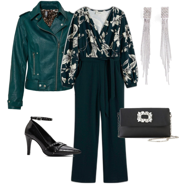 Outfit donna - Verde petrolio. Stile Glamour per Serata fuori. Abbinamento con orecchini, tute, blazer, décolleté, borse a tracolla.