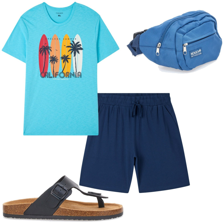 Outfit uomo - Mare mare arrivo. Stile Casual per Tutti i giorni. Abbinamento con pantaloni corti, t-shirt, sandali, borse sportive.