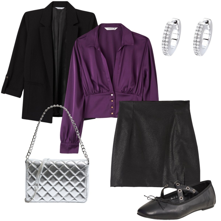 Outfit donna - Con le ballerine. Stile Glamour per Serata fuori. Abbinamento con ballerine, bluse, blazer, minigonne, borse a tracolla, orecchini.