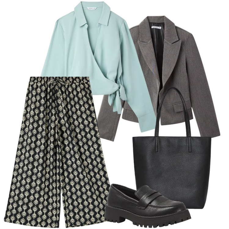 Outfit donna - Terranova new Collection. Stile Casual chic per Ufficio. Abbinamento con pantaloni a palazzo, camicie, borse tote, mocassini, blazer.