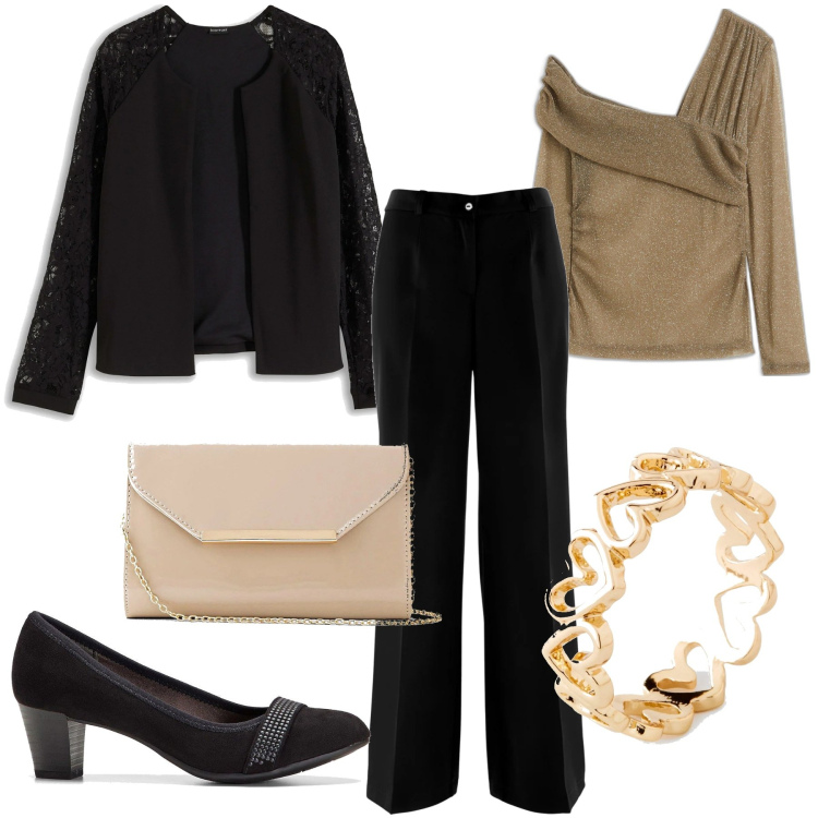 Outfit donna - Primavera chic. Stile Chic per Serata fuori. Abbinamento con pantaloni, blazer, pochette, décolleté, maglieria, anelli.