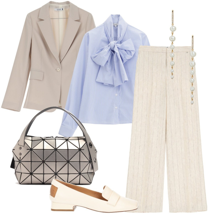 Outfit donna - La camicia con il fiocco. Stile Bon Ton per Ufficio. Abbinamento con mocassini, camicie, blazer, pantaloni a palazzo, orecchini, borse a mano.