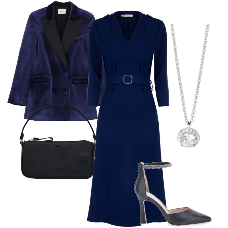 Outfit donna - Nel segno del blu. Stile Chic per Serata fuori. Abbinamento con collane, vestiti midi/longuette, blazer, pochette, décolleté.