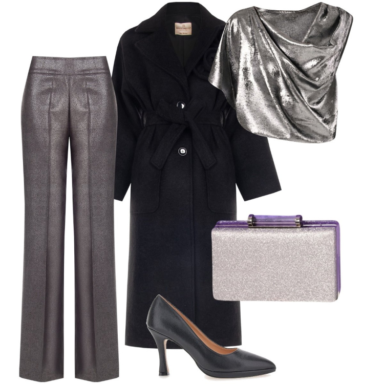 Outfit donna - La blusa argentata. Stile Glamour per Serata fuori. Abbinamento con pantaloni, bluse, cappotti, pochette, décolleté.