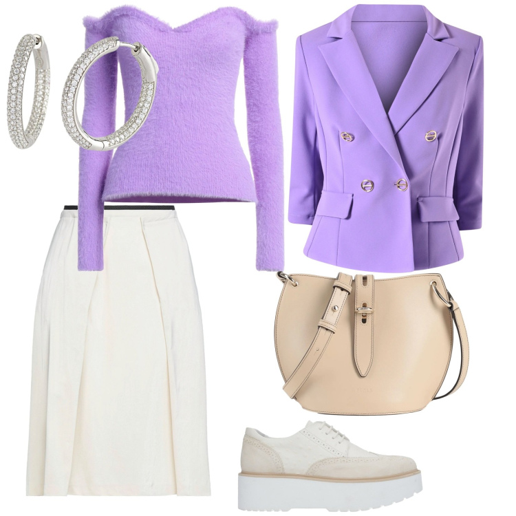 Outfit donna - La gonna per la primavera. per Tutti i giorni. Abbinamento con borse a tracolla, scarpe stringate, pullovers, gonne longuette, orecchini, blazer.