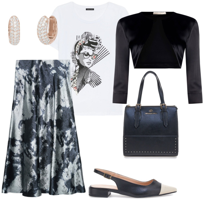 Outfit donna - Gonna e bolero in ufficio. per Ufficio. Abbinamento con orecchini, bolero, borse a mano, ballerine, t-shirt, gonne longuette.