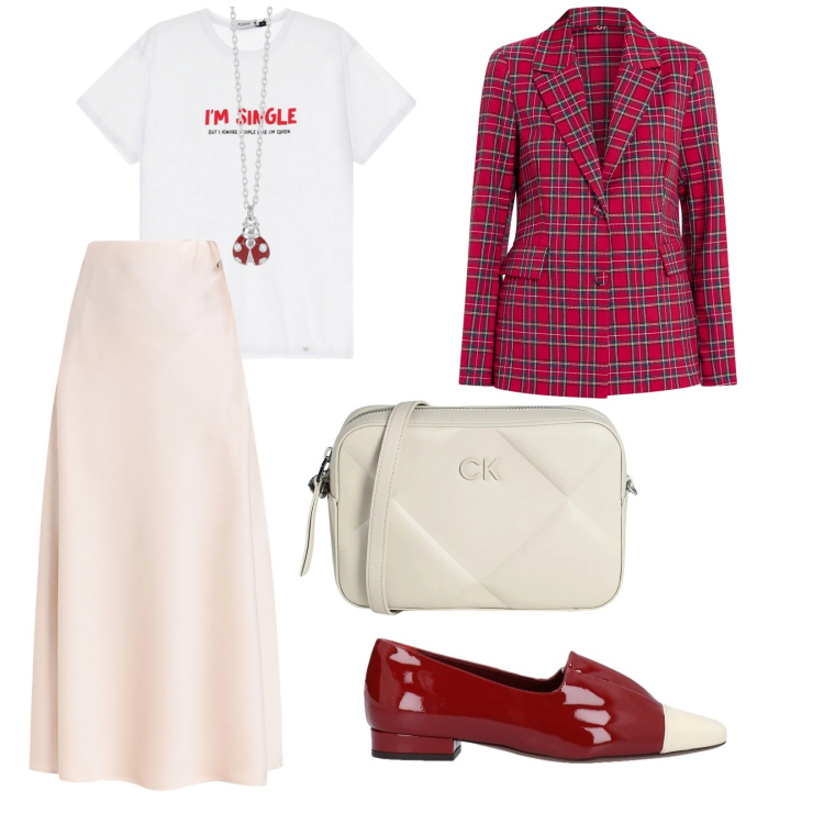 Outfit donna - Così in gonna. per Tutti i giorni. Abbinamento con mocassini, borse a tracolla, collane, gonne longuette, blazer, t-shirt.