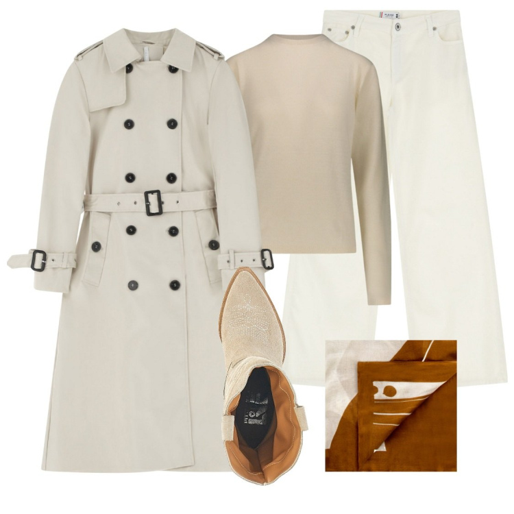 Outfit donna - Benvenuto Marzo. Stile Casual chic per Tutti i giorni. Abbinamento con sciarpe, pantaloni, trench, stivaletti texani, pullovers.