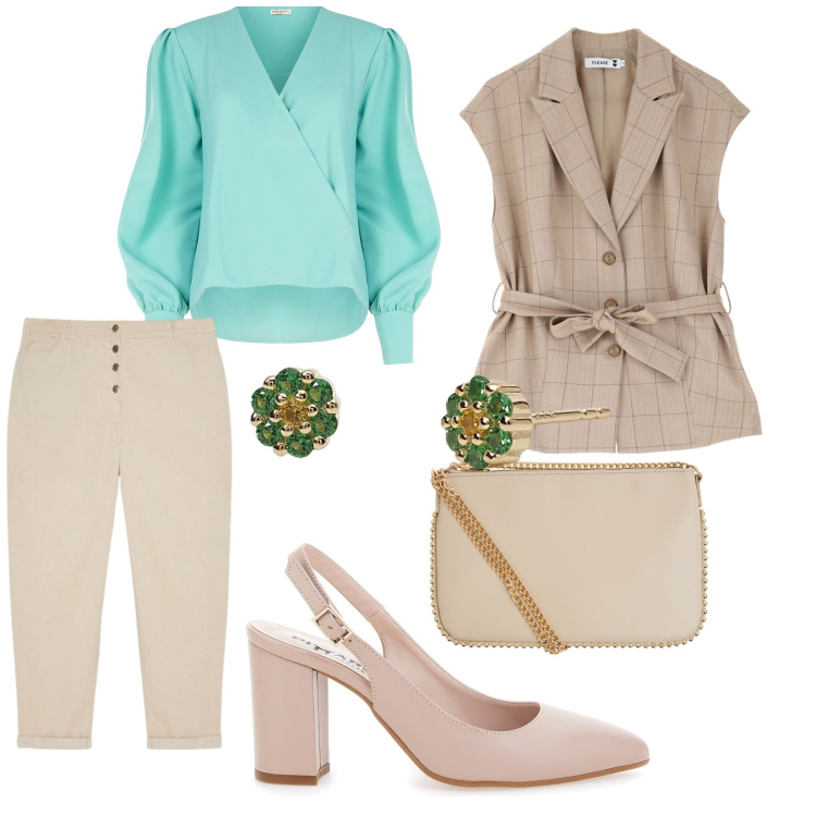 Outfit donna - La blusa verde menta. per Scuola/Università. Abbinamento con borse a tracolla, orecchini, bluse, gilet, décolleté, pantaloni.