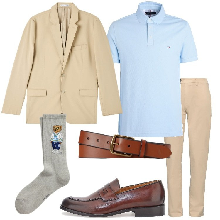 Outfit uomo - Rinascita dello stile preppy. Stile Business/Elegante per Ufficio. Abbinamento con polo, pantaloni chino, giacche, cinture, calzini, scarpe stringate.