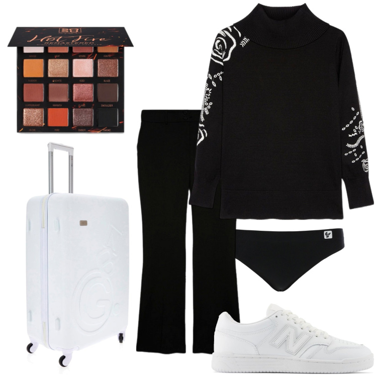 Outfit donna - In viaggio. Stile Basic per Tutti i giorni. Abbinamento con ombretti, sneakers, slip, pantaloni, maglieria, valigie.