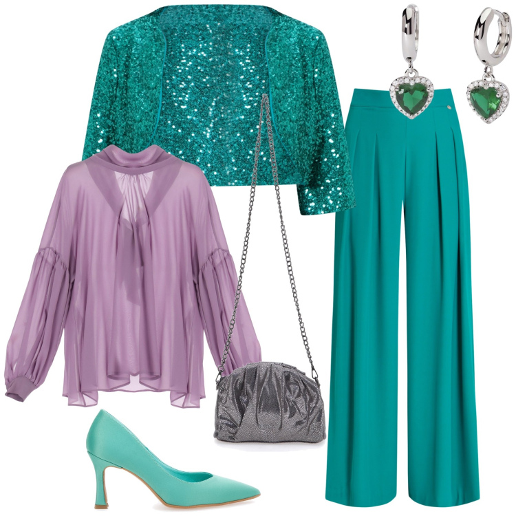 Outfit donna - Un tocco di lilla sul verde. Stile Chic per Cerimonia. Abbinamento con orecchini, pantaloni a palazzo, bolero, camicie, décolleté, pochette.