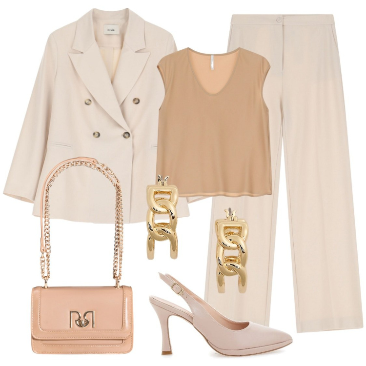 Outfit donna - Colori delicati. Stile Chic per Cerimonia. Abbinamento con borse a tracolla, pantaloni, top, blazer, orecchini, décolleté.