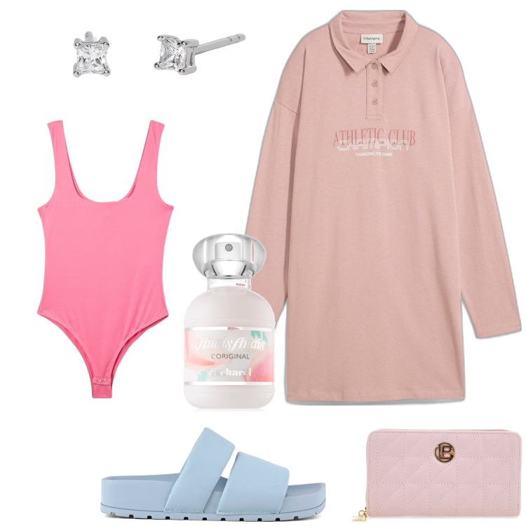 Outfit donna - Bon ton at home. Stile Basic per Tutti i giorni. Abbinamento con vestiti, profumi, body, orecchini, portafogli, ciabatte.