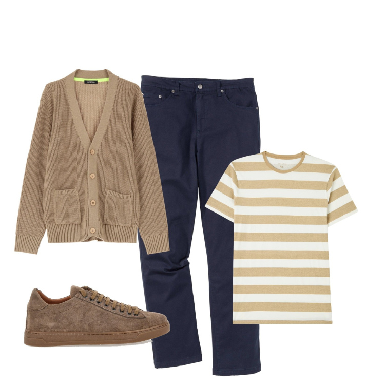 Outfit uomo - T-shirt fantasia a righe!. Stile Casual per Tutti i giorni. Abbinamento con pantaloni, t-shirt, cardigans, sneakers.