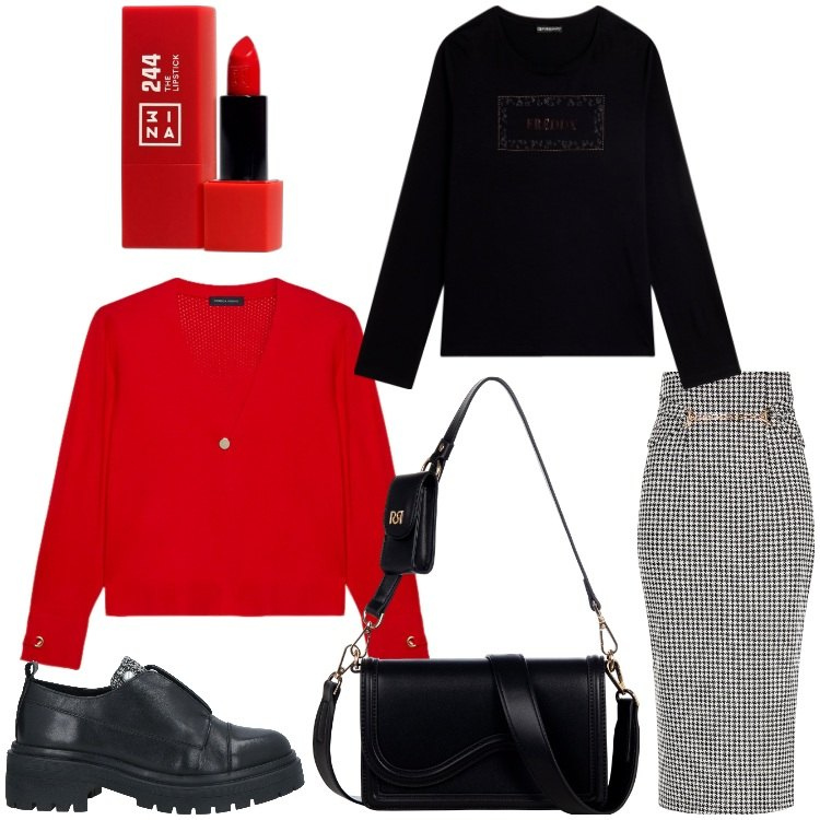Outfit donna - Rosso a quadretti. Stile Casual chic per Ufficio. Abbinamento con mocassini, rossetti, gonne longuette, pochette, t-shirt, cardigans.