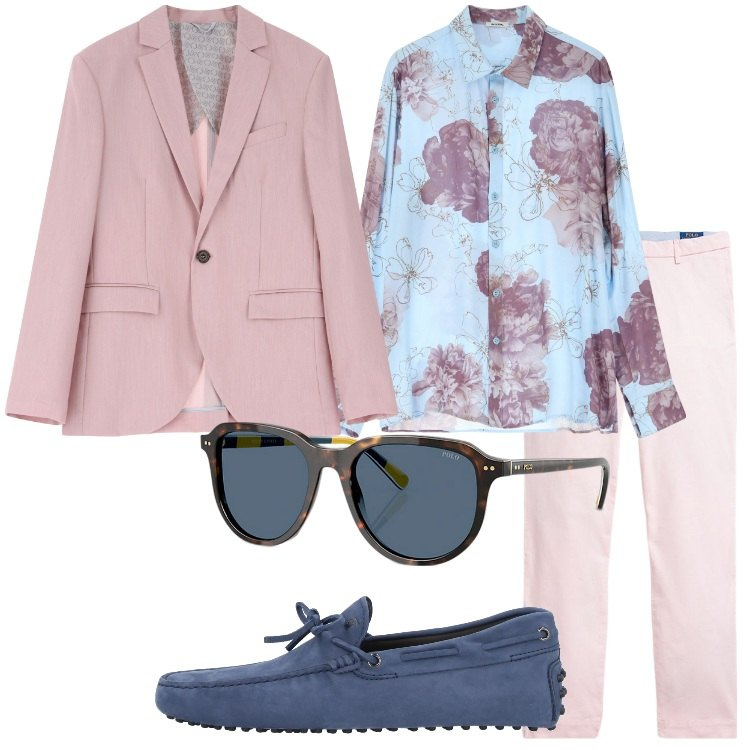 Outfit uomo - Colori pastello per la cerimonia. Stile Trendy per Cerimonia. Abbinamento con scarpe stringate, camicie, giacche, occhiali da sole, pantaloni chino.