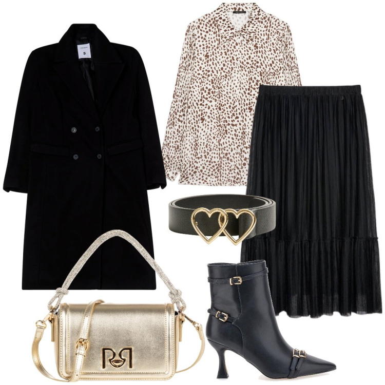 Outfit donna - A cena fuori. Stile Chic per Serata fuori. Abbinamento con borse a mano, cappotti, cinture, stivaletti, gonne lunghe, camicie.