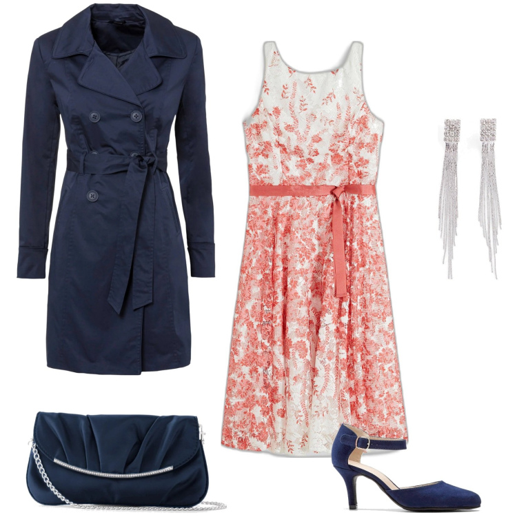 Outfit donna - Cerimonia a primavera. Stile Bon Ton per Cerimonia. Abbinamento con trench, décolleté, pochette, orecchini, vestiti midi/longuette.