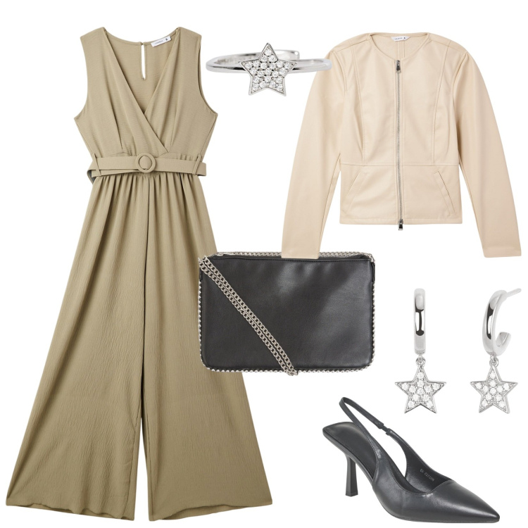 Outfit donna - Una serata di primavera. Stile Casual chic per Serata fuori. Abbinamento con tute, blazer, borse a tracolla, décolleté, orecchini, anelli.