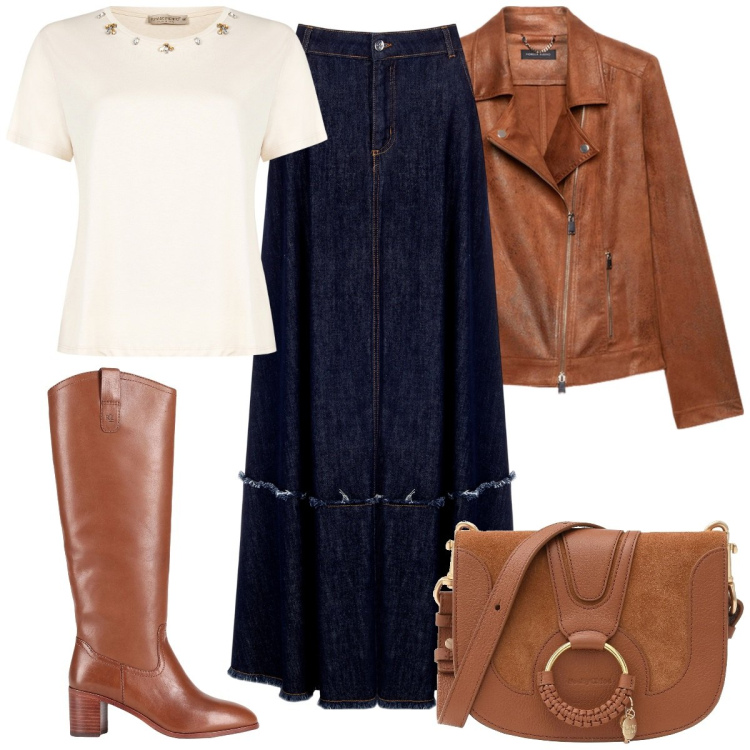 Outfit donna - Gonna jeans. Stile Boho per Tutti i giorni. Abbinamento con stivali, borse a tracolla, gonne, t-shirt, blazer.