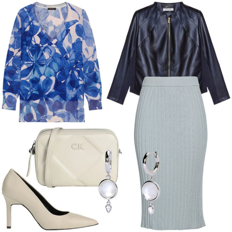Outfit donna - La gonna longuette azzurro polvere. Stile Chic per Serata fuori. Abbinamento con décolleté, borse a tracolla, gonne longuette, orecchini, maglieria, blazer.