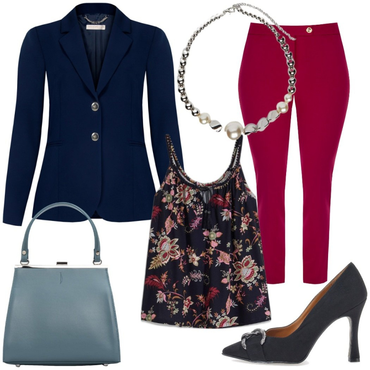 Outfit donna - Cena elegante. Stile Chic per Serata fuori. Abbinamento con top, pantaloni skinny, blazer, clutch, décolleté, collane.
