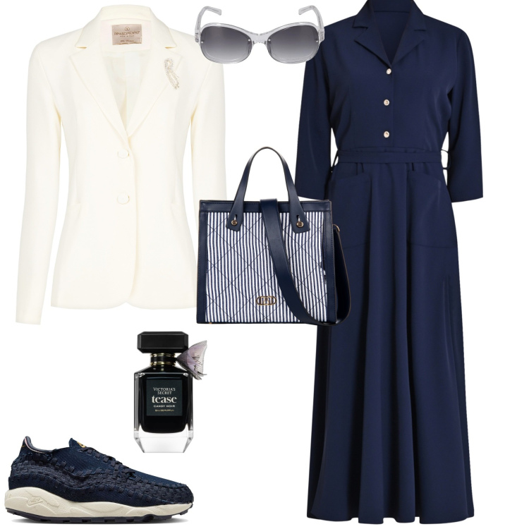 Outfit donna - Total look #2073400. Stile Sporty chic per Tutti i giorni. Abbinamento con profumi, vestiti midi/longuette, blazer, shopping bag, occhiali da sole, sneakers.