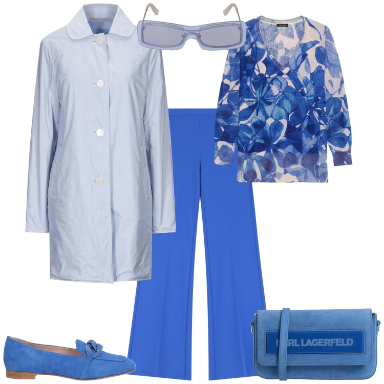 Outfit donna - Total look #2073425. Stile Sporty chic per Tutti i giorni. Abbinamento con trench, borse a tracolla, mocassini, pantaloni, maglieria, occhiali da sole.