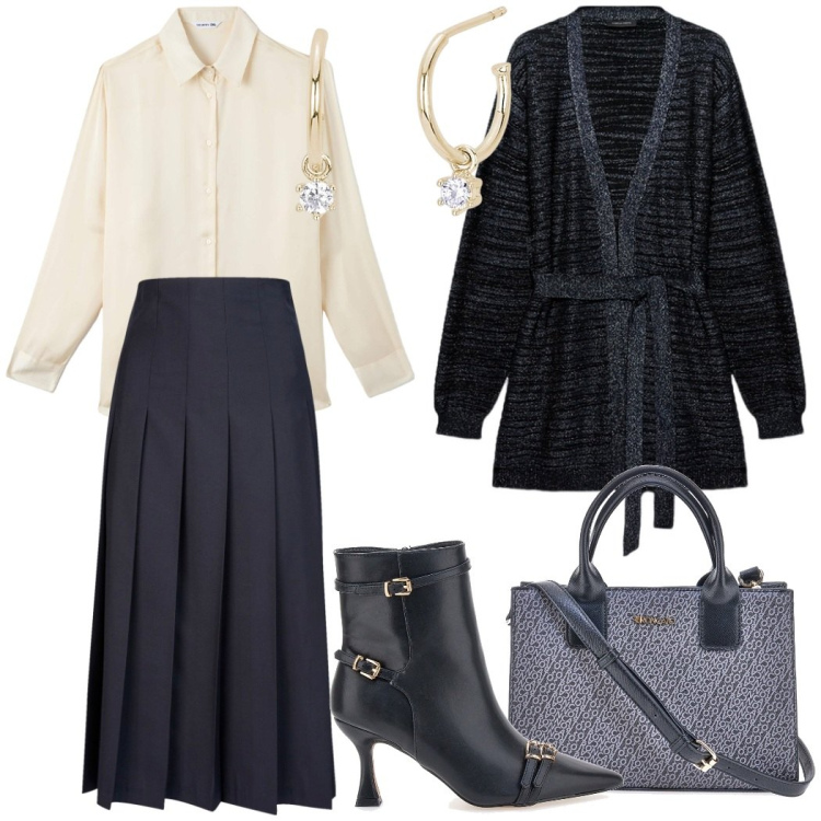 Outfit donna - Aperitivo dopo l\'ufficio. Stile Urban per Ufficio. Abbinamento con camicie, orecchini, stivaletti, borse a tracolla, gonne longuette, cardigans.