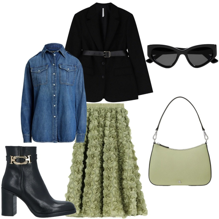 Outfit donna - Bye bye inverno. Stile Trendy per Tutti i giorni. Abbinamento con stivaletti, blazer, gonne, borse a spalla, camicie, occhiali da sole.