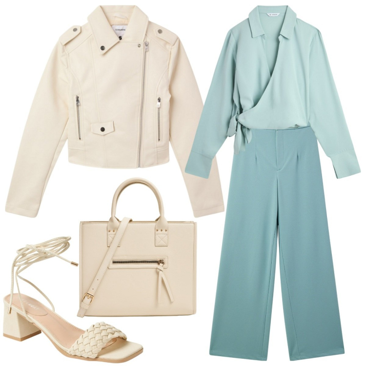 Outfit donna - Chiodo bianco panna. Stile Casual chic per Ufficio. Abbinamento con giacche, camicie, pantaloni, sandali alla schiava, shopping bag.
