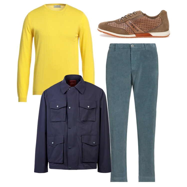 Outfit uomo - Primi tepori. Stile Casual per Tutti i giorni. Abbinamento con pantaloni chino, pullovers, scarpe stringate, giacche.