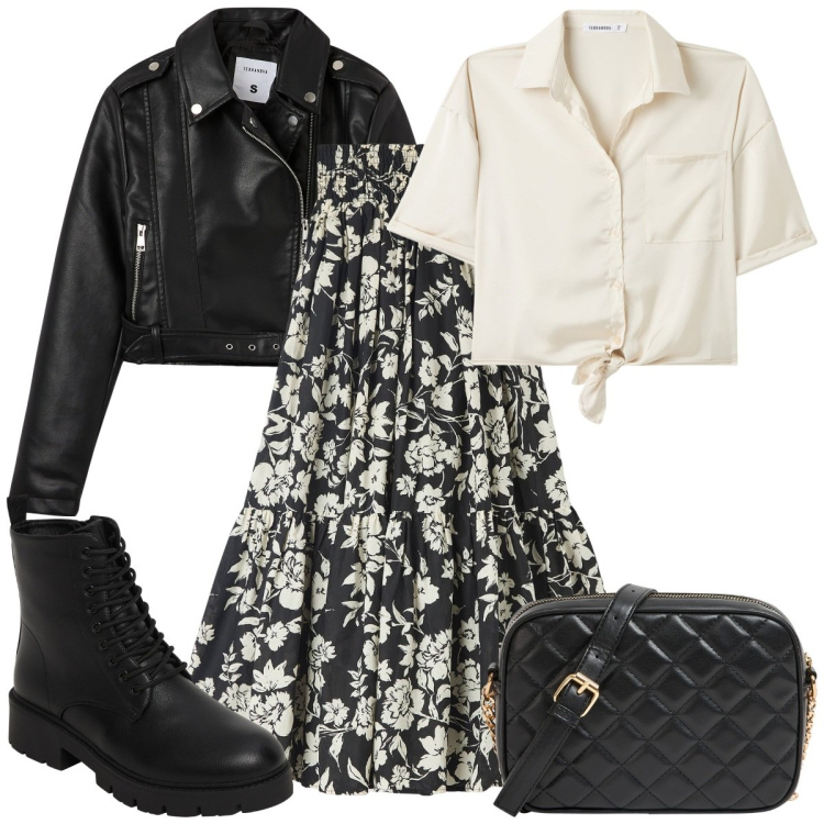 Outfit donna - Chiodo nero. Stile Casual chic per Tutti i giorni. Abbinamento con gonne lunghe, camicie a manica corta, giacche, borse a tracolla, anfibi.