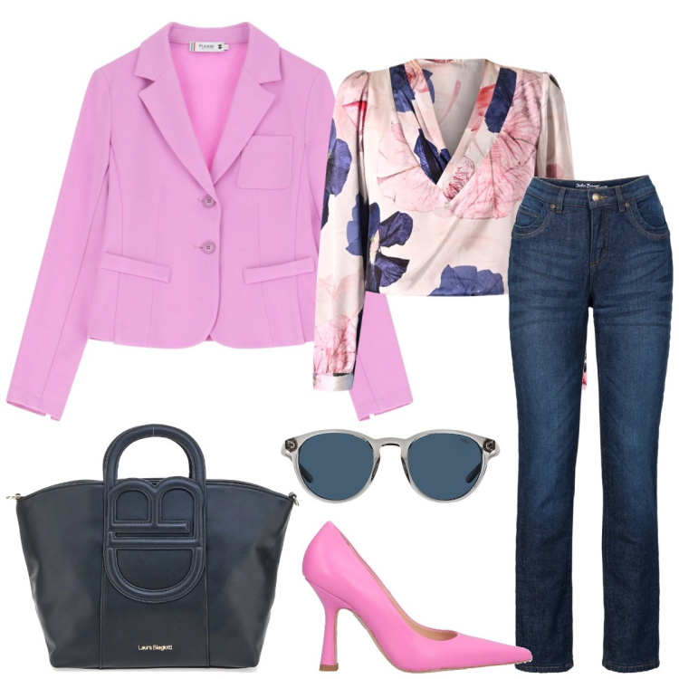 Outfit donna - Total look #2073445. Stile Casual chic per Tutti i giorni. Abbinamento con jeans dritti, décolleté, bluse, blazer, occhiali da sole, borse a tracolla.