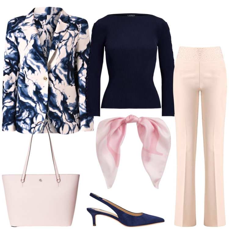 Outfit donna - Total look #2073450. Stile Casual chic per Tutti i giorni. Abbinamento con décolleté, borse tote, maglieria, foulard, blazer, pantaloni.