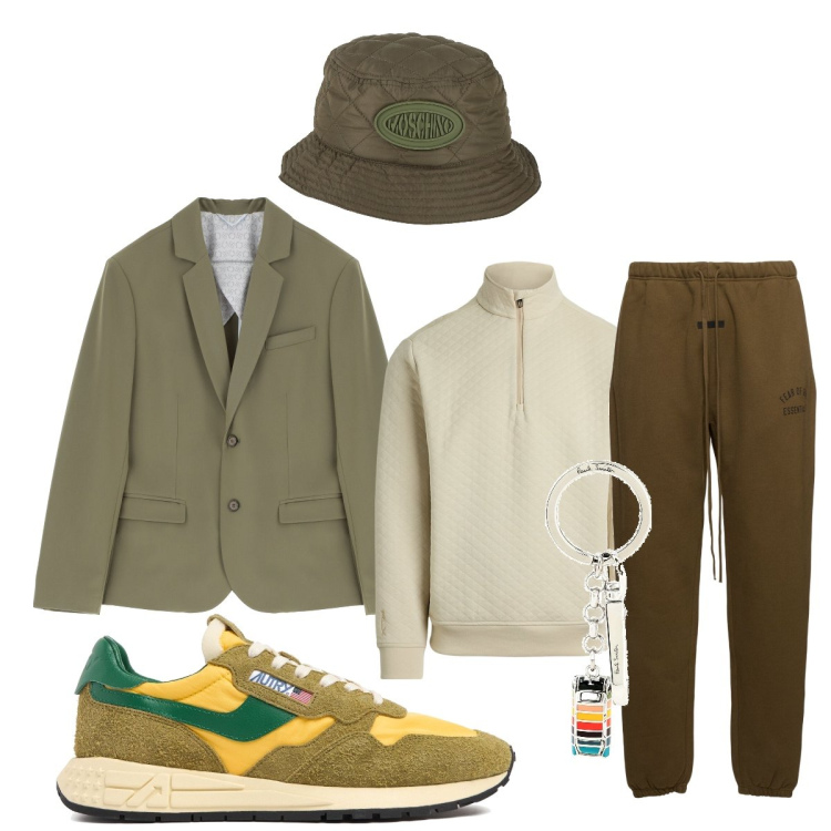 Outfit uomo - In ufficio jogger e blazer. Stile Trendy per Ufficio. Abbinamento con portachiavi, cappelli, giacche, pullovers, sneakers, pantaloni.