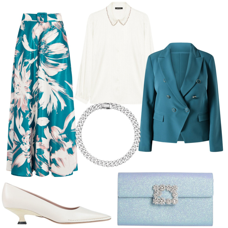 Outfit donna - Gonne midi per la primavera. Stile Chic per Cerimonia. Abbinamento con décolleté, borse a mano, braccialetti, blazer, gonne, camicie.
