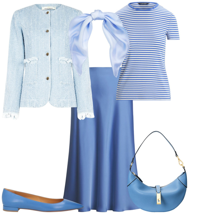Outfit donna - Week end al mare. Stile Romantica per Mare. Abbinamento con ballerine, blazer, borse a spalla, gonne, t-shirt, foulard.